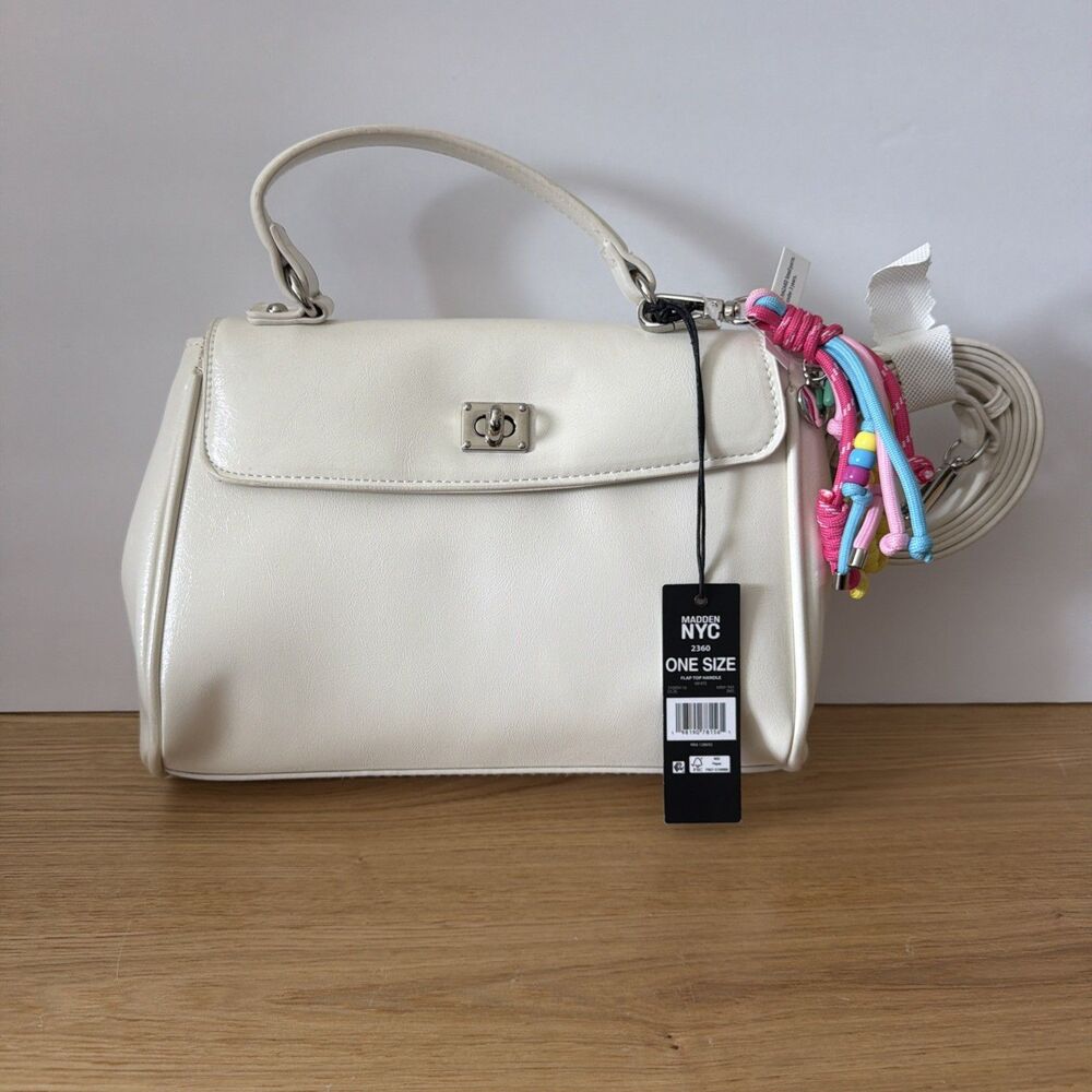 Madden NYC White Medium Satchel Top Handle Bag, Zip/Turn Lock, Charm